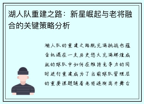 湖人队重建之路：新星崛起与老将融合的关键策略分析