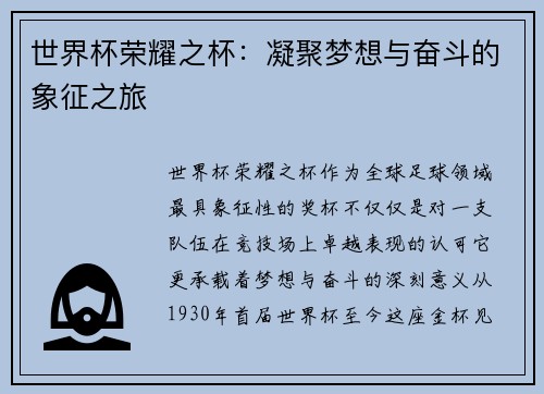 世界杯荣耀之杯：凝聚梦想与奋斗的象征之旅