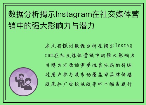 数据分析揭示Instagram在社交媒体营销中的强大影响力与潜力